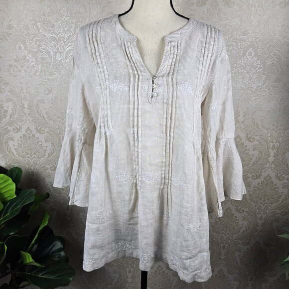 Antibes Blanc Size Small Cream White Striped Tunic Flared Sleeves Split Vneck - Picture 1 of 16